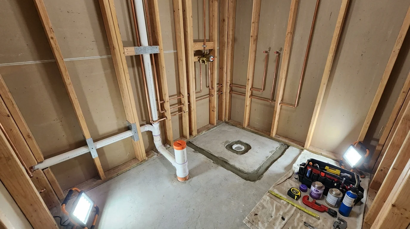 Bathroom rough-in plumbing during remodel by Johns Plumbing LLC in Lempster