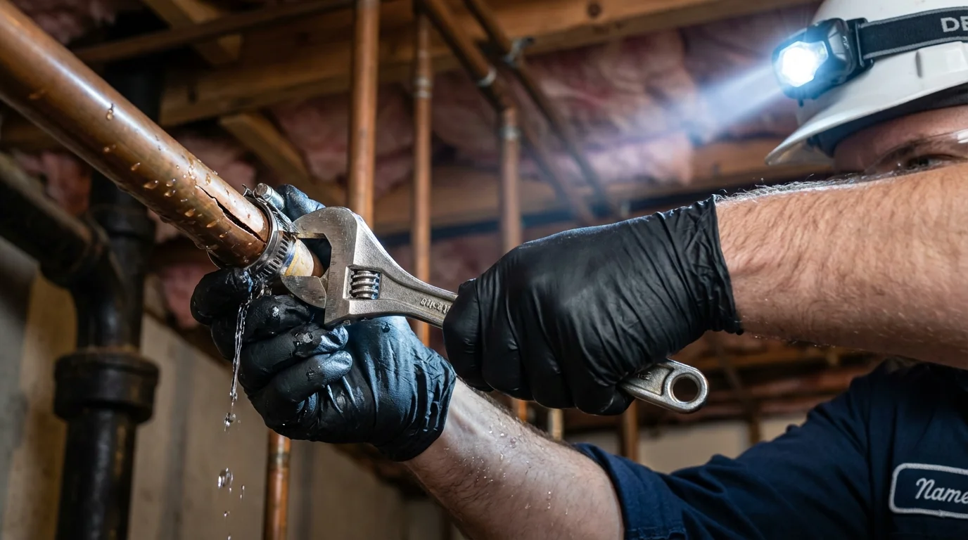 Emergency pipe clamp repair being performed by a Johns Plumbing LLC plumber in Lempster