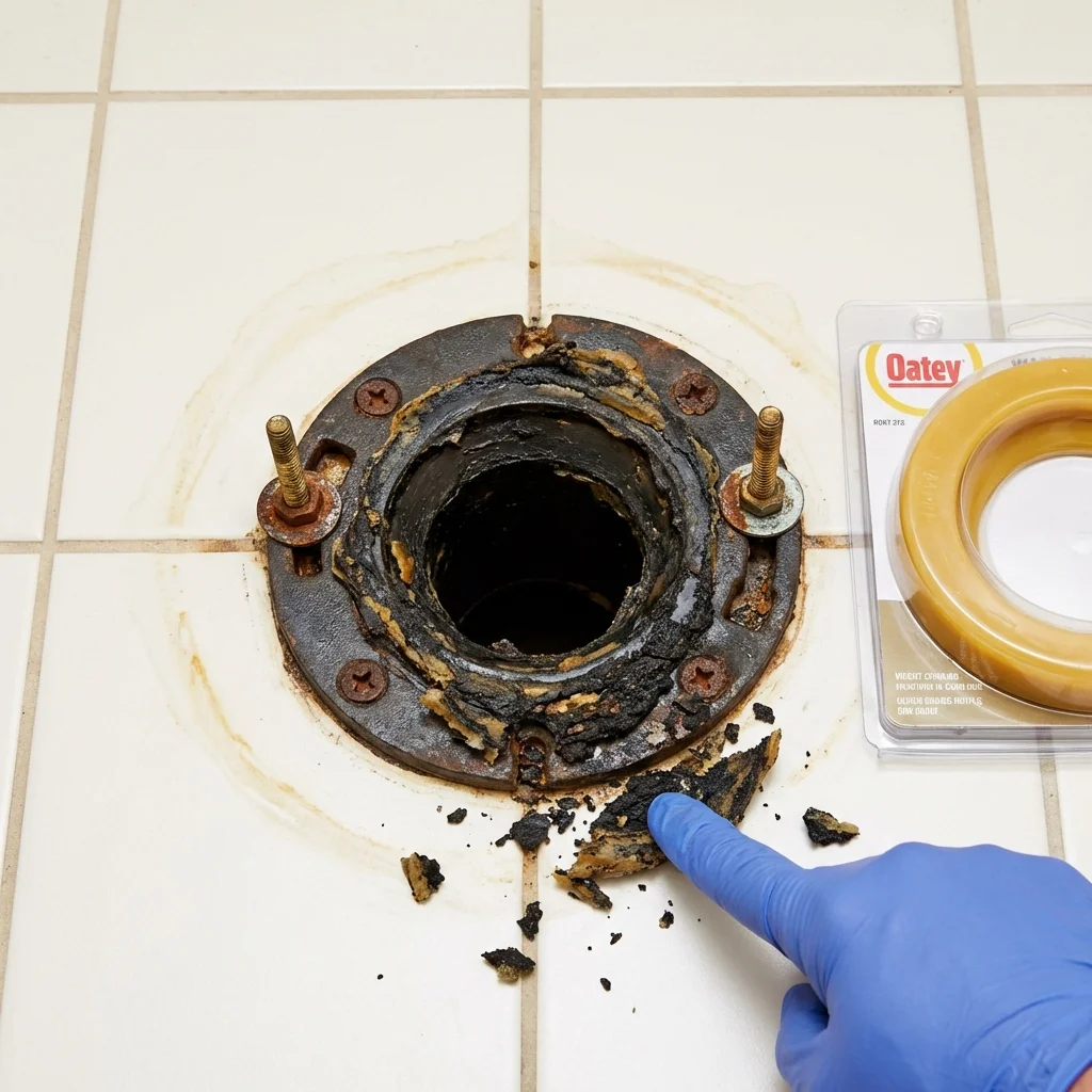 Failed wax ring showing water seepage at the base of a toilet in a Lempster, NH home