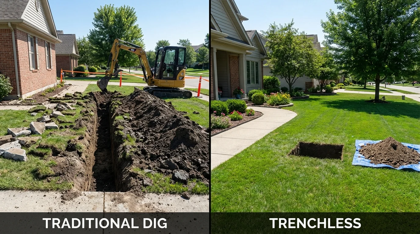 Trenchless sewer repair with minimal yard damage versus traditional excavation in Lempster, NH